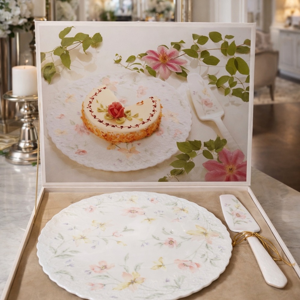 Mikasa White Porcelain Cake Plate and Server Set with Pastel Floral Pattern